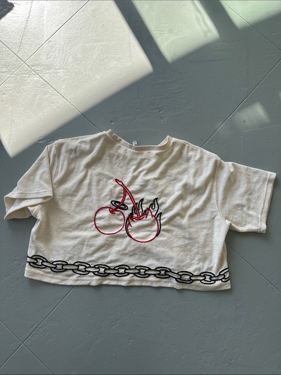 Divided Tops - Off white terry crop top with hand embroidered cherry graphic on back